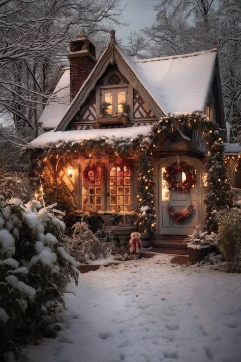 Small Winter House Exterior, Small Winter Home Exterior, Small Christmas Cottage Exterior, Winter Cottage Exterior, Cozy Winter Cottage Aesthetic, Cozy Winter House Exterior, Christmas Cottage Aesthetic, Winter House Aesthetic, Christmas Aesthetic House