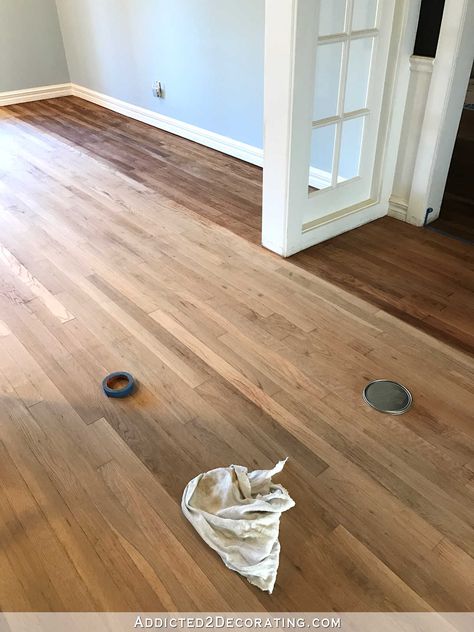 Adventures In Staining My Red Oak Hardwood Floors (Products & Process) - Addicted 2 Decorating® Restain Hardwood Floors, Staining Red Oak, Hardwood Floor Stain Colors, Oak Floor Stains, Staining Wood Floors, Floor Stain Colors, Wood Floor Stain Colors, Stained Floors, Oak Hardwood Floors