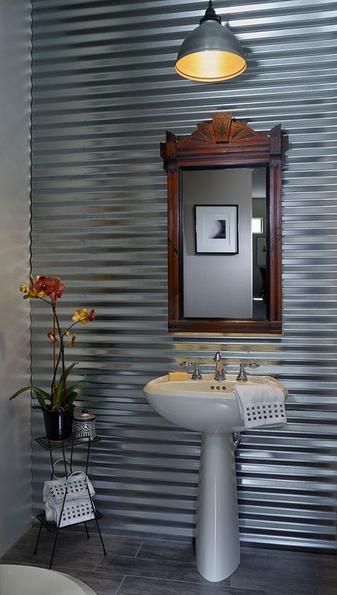 Eye For Design: Decorate With Industrial Metal Walls Corrugated Metal Bathroom, Galvanized Bathroom, Metal Bathroom Walls, Metal House Plans, Bathroom Wall Cabinet, Bathroom Accent Wall, Bathroom Accents, Metal Bathroom, Decorating Bathroom