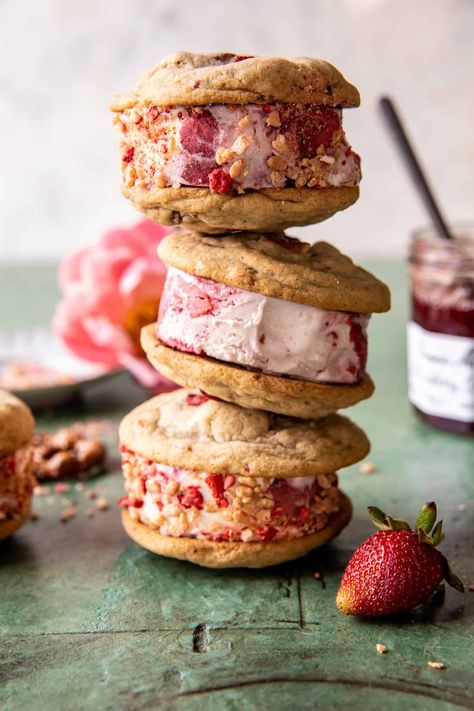 Strawberry Pretzel Cookie Ice Cream Sandwiches. Strawberry Ice Cream Sandwich, Pretzel Cookie, Cookie Ice Cream Sandwiches, Homemade Strawberry Shortcake, Strawberry Shortcake Ice Cream, Half Baked Harvest Recipes, Setup Inspiration, Pretzel Cookies, Cookie Ice Cream