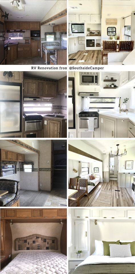 You\'ll want to make this renovated fifth wheel your adventure home (and you can!) Rv Fifth Wheel Makeover, Renovated Fifth Wheel, 5th Wheel Remodel, Fifth Wheel Remodel, Living Remodel, 5th Wheel Living, Destination Trailers, Crocheted Food, Trailer Redo