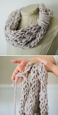 Knitting Without Needles, Knit Cord, Scarves Ideas, Finger Knit Scarf, Arm Knitting Scarf, Finger Knitting Projects, Finger Knit, Knitting Scarves, Arm Knit