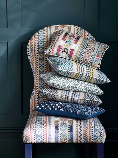 Prints and embroideries from the Vita Collection by Jane Churchill Jane Churchill, Get Happy, Sofa Seats, Rustic Interiors, Breakfast Room, Churchill, Tub Chair, Geometric Patterns, Country Style