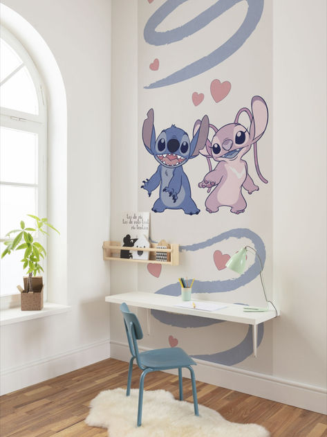 Stitch and Angel adorn the panel in a very dreamy way, creating a harmonious atmosphere in the children's room. The delicate colours blend perfectly into the room. Even small rooms can be easily embellished with the panel.-- 
Lilo & Stitch wallpaper. Children room. Wall art kids. Wall decor disney. Stitch room ideas for kids.  Stitch room ideas for teens. @komarproducts Lilo And Stitch Room, Stitch Room Ideas, Stitch Room, Disney Wall Decor, Marvel Retro, Stitch Wallpaper, Marvel Paintings, Desert Design, Long Walls