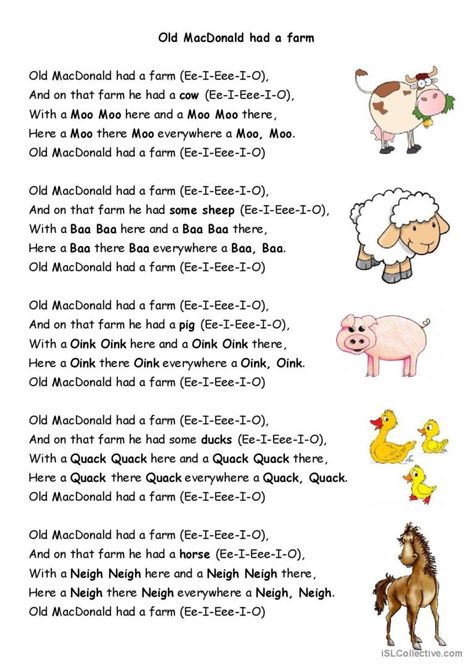 Farm Songs, Old Mcdonald, Old Macdonald Had A Farm, Nursery Rhymes Activities, Old Macdonald, Rhyming Activities, Listening Comprehension, Esl Worksheets, Nursery Rhyme