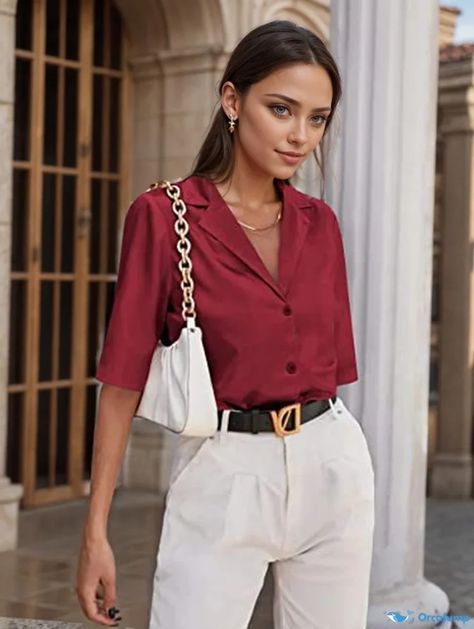 Burgundy Shirt, Satin Bluse, Cardigan Outfits, Classic Casual, Satin Blouse, Style Cardigan, Blouse Outfit, Casual Attire, Casual Shirt