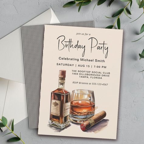 Whiskey and Cigars Masculine Birthday Party Invitation Whiskey And Cigars, Masculine Birthday Party, Glass Of Bourbon, Whiskey Party, Birthday Party Decorations For Adults, Text Template, Adult Birthday Party, Party Details, Font Pairing