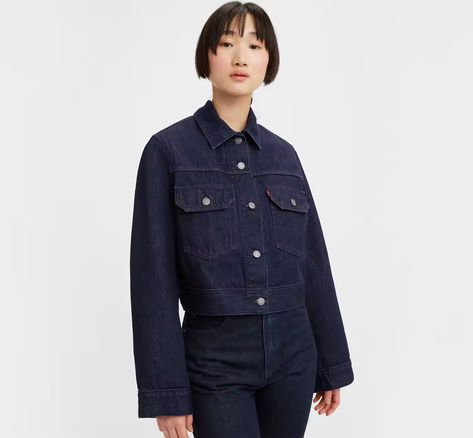 Levi's® Wellthread® Wilder Flower Trucker Jacket - Dark Wash | Levi's® US Levis Jacket Outfit, Timeless Clothes, Womens Sherpa Jacket, Dark Jean Jacket, Levi Jean Jacket, Levis Outfit, Jacket Outfit Women, Jean Jacket Women, Outdoor Jacket