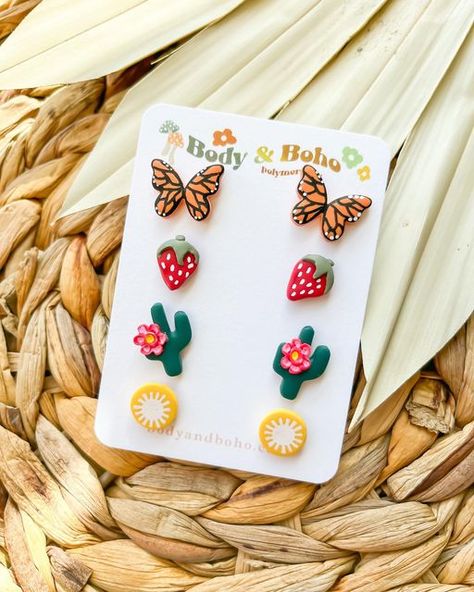 Body & Boho on Instagram: "The spring stud set! 🦋🍓🌵🌞 I hope ur having an amazing weekend besties! :) - - - - - - #polymerclayearrings #studearrings #clayearrings #clayjewelry #smallbizowner #springjewelry #clayearringscollection #handmadejewelry #bohoearrings #monarchbutterfly #studset #polymerclaycreations #smallbusinesslove" Spring Jewelry, Stud Set, Polymer Clay Creations, Southwestern Style, Earrings Collection, Top Selling, Boho Earrings, Accessories Bracelets, Clay Jewelry