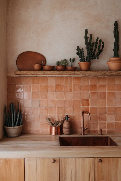 57 Desert Modernist Kitchen Design Tips - TastyInteriors Color Tile Kitchen, Simple Rustic Kitchen Design, Modern Santa Fe Style Kitchen, Modern Cottage Kitchen Backsplash, Terracotta Wall Kitchen, Brown Stone Countertops Kitchen, Southwest Kitchen Design, Pink Rustic Kitchen, Desert Modern House Interior