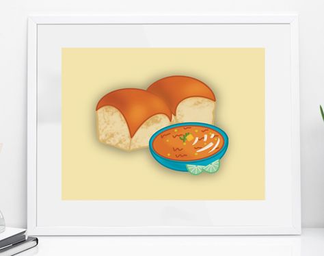 Pav Bhaji Drawing, Pav Bhaji Illustration, Indian Food Art, Wall Decor Indian, Food Wall Art, Pav Bhaji, Food Illustration Art, Indian Street, Cafe Wall