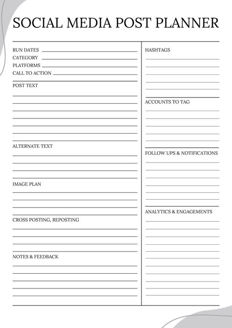 Step up your game with our fabulous Social Media Post Planner (Colour). This planner is designed to make your social media journey smooth and enjoyable. From scheduling your posts, selecting categories, and choosing the best platforms, to crafting irresistible calls-to-action and adding those trending hashtags, this planner will keep you ahead of the curve. Download this printable right away! Social Media Post Planner, Social Media Planner Template, Youtube Planner, Social Media Planner Printable, Social Media Marketing Planner, Social Media Content Planner, Trending Hashtags, Types Of Social Media, Social Media Marketing Plan