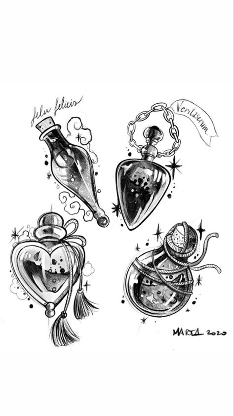 Love Spell Tattoo, Superstitious Tattoo, Heart Potion Bottle Tattoo, Witchy Sketchbook, Potion Bottle Tattoo Design, Love Potion Tattoo, Potion Bottle Tattoo, Potion Tattoo, Aqua Tofana