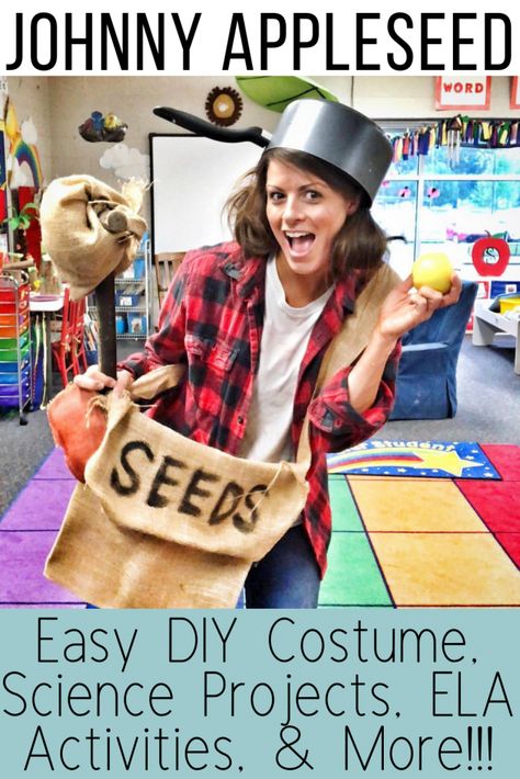 This Johnny Appleseed unit is packed with ways to celebrate this amazing man while keeping your students engaged! Your kids will love the apple volcano, easy crafts, math activities, and more that are perfect for preschool, kindergarten, and first grade students. #johnnyappleseed #scienceforkids #kindergarten #preschool #firstgrade Diy Johnny Appleseed Costume, Johnny Appleseed Activities 3rd Grade, Johnny Appleseed Kindergarten, Johnny Appleseed Costume, Apple Activities Kindergarten, Jonny Appleseed, Johnny Appleseed Craft, Johnny Appleseed Activities, Reading Tools