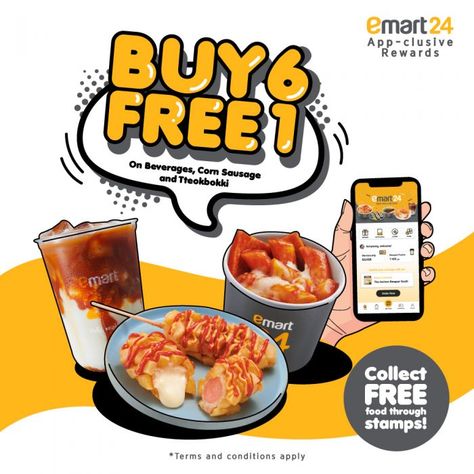 Emart24 Buy 6 Get 1 Free Promotion: Satisfy Your Cravings with Korean Snacks! Design Produk, Buy 1 Free 1, Korean Snacks, Food Banner, Discount Poster, Feed Ig, Social Post, Social Media Design Inspiration, Design Packaging