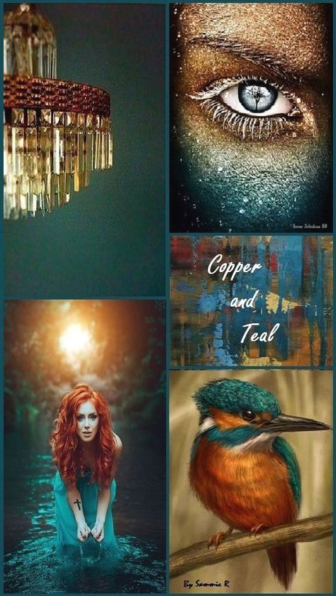 Copper and teal mood board and color palette inspiration. Turquoise Copper Color Palette, Copper And Blue Color Palette, Teal Copper Color Palette, Teal And Copper Color Palette, Teal And Copper Bedroom, Teal Color Combinations, Copper Color Palette, Teal Wedding Colors, Copper And Turquoise