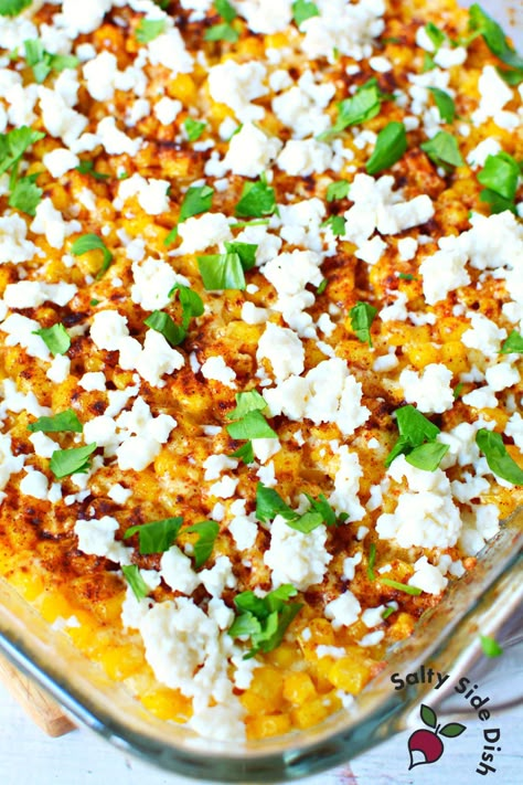 Street Corn Casserole (like ELOTE!) Elote Casserole, Cheesy Corn Casserole Recipe, Mexican Corn Side Dish, Street Corn Casserole, Mexican Elote, Mexican Corn Recipes, Homemade Cream Corn, Mexican Street Corn Recipe, Street Corn Recipe