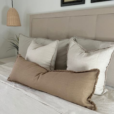 Long Bed Cushions, Long Throw Pillow, Bed Pillow Arrangement, Dc Apartment, Long Throw Pillows, Spanish Interior, Neutral Throw, Neutral Throw Pillows, Greek Architecture