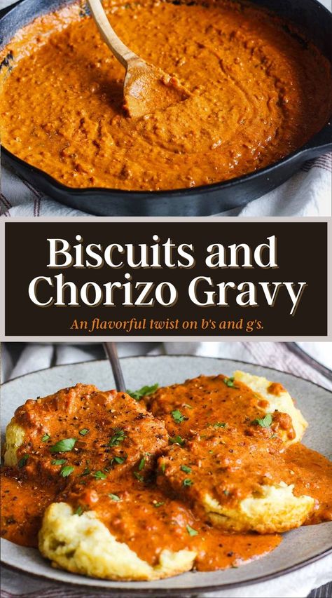 Biscuits And Gravy With Chorizo, Biscuits And Gravy Chorizo, Chorizo Gravy Recipe, New Dinners To Try, Chorizo Gravy And Biscuits, Beef Chorizo Recipes Dinners, Dinners With Chorizo, Chorizo Dinner Ideas, Chorizo Breakfast Ideas