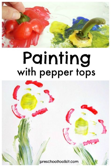 Painting activity for preschoolers using pepper tops as stamps #paintingwithpreschoolers #creativekids Preschool Process Art, Science Art Projects, Vegetable Crafts, Camp Food, February Crafts, Toddler Classroom, Food Activities, Simple Painting, Painting Activities