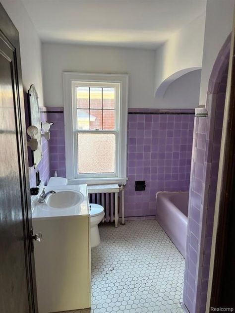 Lavender Tile Bathroom, Lavender Tile, Bathroom Tile Design Ideas, Moody Victorian, Lavender Bathroom, Purple Bathroom, Tile Design Ideas, Tiled Bathroom, Purple Tile