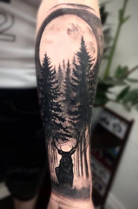 Deer Forest Tattoo, Deer Tattoo Designs, Surreal Tattoo, Deer Tattoo, Forest Tattoos, Nordic Tattoo, Nature Tattoos, Tattoo Ideas, Tattoo Designs