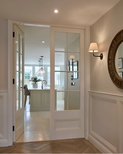 Hallway Glass Door, Indoor Double Doors Interior Design, Bungalow Hallway, Interior French Door Ideas, Palette With Green, Narrow French Doors, Natural Views, White Internal Doors, Internal French Doors