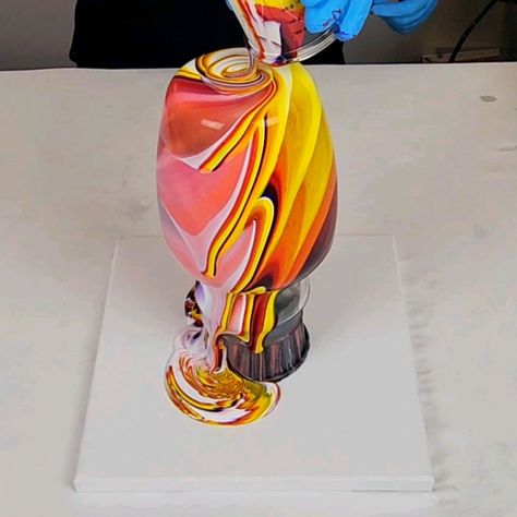 Warm Acrylic Pour on A Vase | Acrylic pours on vases are probably my favorite! | By Mixed Media Girl Acrylic Pouring On Glass Vase, Tiger Orange, Resin Vase, Hydro Dipping, Acrylic Painting Diy, Orange Tiger, Painted Vase, Crafts Room, I Messed Up