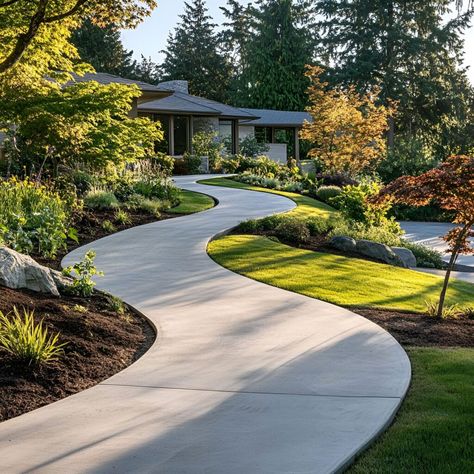 Discover stunning concrete walkways that add elegance to any home. This curved concrete path winds through lush gardens with vibrant plants, manicured lawns, and sleek, modern lines. Perfect for landscaping enthusiasts looking to blend natural beauty with durable building materials, these concrete paths create a serene and inviting entrance, guiding you effortlessly to the home. Ideal for modern landscaping inspiration!