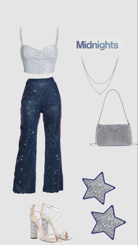 Midnights Ts Outfits, Taylor Switch Concert Outfit, The Eras Tour Outfit Idea Midnights, Midnights Outfit Ideas, Midnights Taylor Swift Outfit, Midnights Eras Tour Outfit, Disco Denim, Midnights Outfit, Dance Party Outfit