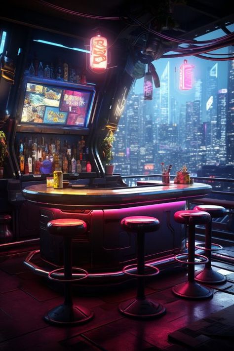 Modern Home With A Skywell Cyberpunk Club Aesthetic, Cyberpunk Interior Design Concept Art, Cyberpunk Coffee Shop, Cyberpunk Noodle Bar, Medieval Cyberpunk, Cyberpunk Club, Scifi Bar, Computer Bedroom, Cyberpunk Computer