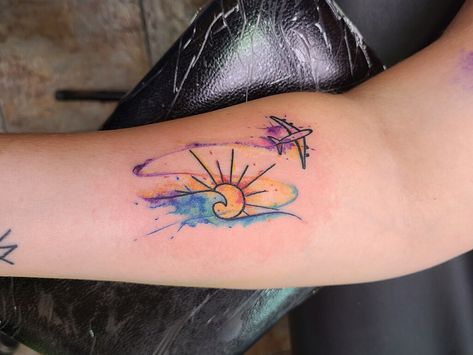 #forearm #tattoo #beachtattoo #mauihawaii #maui #traveltattoo #watercolortattoos Watercolor Sunset Tattoo, Fl Tattoo, Sunset Tattoo, Watercolor Practice, Plane Tattoo, Sunset Tattoos, Watercolor Wave, Petite Tattoos, Minimalist Watercolor