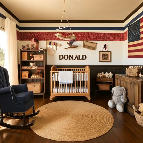 Ford Nursery Theme, American Themed Nursery, Vintage American Nursery, All American Boy Nursery, American Flag Nursery, Americana Boy Bedroom, Zion Nursery, Polo Nursery, Americana Nursery Boys