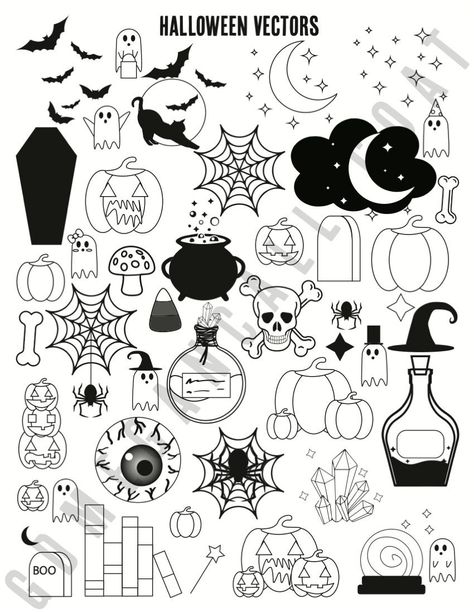 A variety of different vector images were created for Halloween. This includes pumpkins, ghosts, and many other Halloween-related creatures. Halloween White Board Drawings, Spooky Easy Drawings, Little Halloween Doodles, Halloween Doodle Ideas, Halloween Art Simple, Halloween Drawings Simple, Aesthetic Halloween Drawings, Small Halloween Drawings, Cute Halloween Sketches