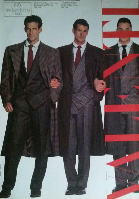 Valentino (1986). The Line-up. Yuppie Fashion 1980, 80s Yuppie Fashion, Valentino Suit Men, 80s Mens Suit, 80s Yuppie Aesthetic, 80s Businessman, 80s Suits Men, Yuppies Fashion, Suits 90s