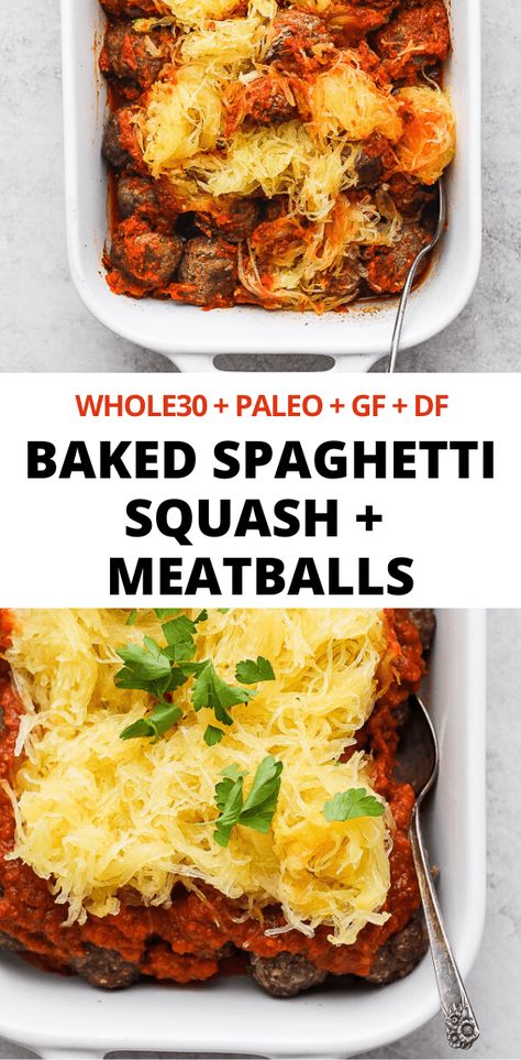 Baked Spaghetti Squash + Meatballs - a delicious make-ahead dinner that you can just throw in the oven! (Paleo + Whole30 + DF + GF) #bakedspaghettisquash #bakedspaghetti #whole30recipes #paleorecipes #spaghettimeatballs Spaghetti Squash Meatballs, Meatballs Meal, Spaghetti Baked, Spaghetti Squash And Meatballs, Easy Italian Meatballs, Whole30 Beef, Baked Italian Meatballs, Wooden Skillet, Baked Spaghetti Recipe