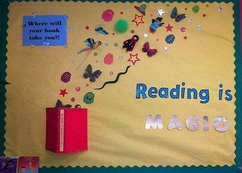 Reading is magic! Reading Display Year 1, Reading Is Magical Bulletin Board, Reading Is Magical Theme, Reading Bulletin Board Ideas, Fall Library, Reading Bulletin Board, Book Bulletin Board, School Library Bulletin Boards, Reading Corner Classroom