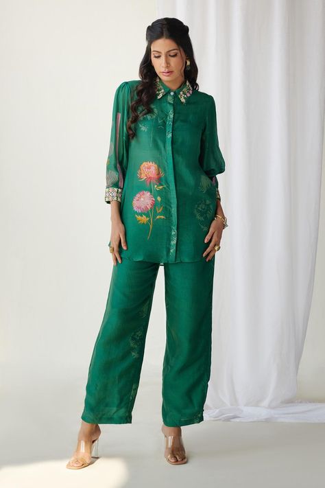 Buy Koashee by Shubitaa Emerald Green Silk Printed Floral Shirt Pant Set Online | Aza Fashions Solid Cord Set, Printed Coord Sets Indian, Western Co Ord Sets Women, Coord Sets For Women Party, Wide Leg Pants Winter, Green Silk Shirt, Floral Silk Shirt, Co Ords Outfits, Coord Sets