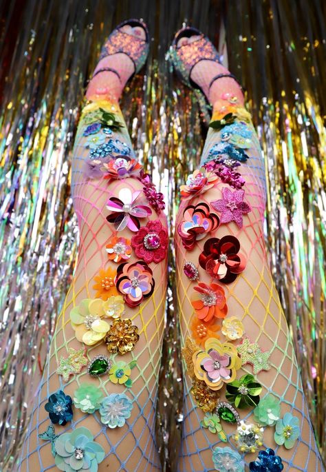 Embellished Fishnet TightsLogan Whitney Designs on Etsy - fashion,tights,rainbow,etsy Pride Festival Outfit Ideas, Pride 2024, Style Hacks, Festival Outfits Rave, Look Festival, Diy Kostüm, Fashion Moodboard, Rainbow Outfit, Rave Outfit