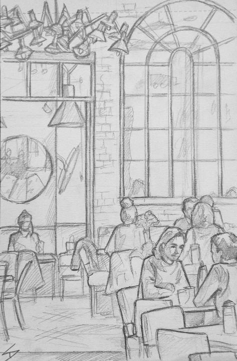 Quick Sketch. 'Cafe Cafe, Prague.' A stylish open plan restaurant and cafe, that has a kind of New York wine bar feel about it. davidasutton.com @davidasutton #drawing #sketch #czech #prague #europe #bar #cafes #coffee #cafe #restaurant #cafecafeprague Memory Drawing, Conceptual Sketches, Perspective Sketch, Figure Sketches, Human Figure Sketches, Perspective Drawing Architecture, Scene Drawing, 얼굴 그리기, Perspective Art