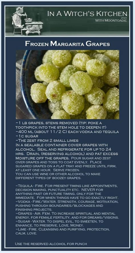 Margarita Grapes, Frozen Grapes Recipe, Witch's Kitchen, Adult Beverages Recipes, Frozen Margarita, Christmas Appetizers Easy, Kitchen Witch Recipes, Frozen Grapes, Grape Recipes