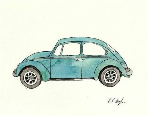 Blue Volkswagen Beetle, Vintage Car Illustration, Beetle Drawing, Auto Illustration, Volkswagen Beetle Vintage, Sainte Chapelle Paris, Beetle Car, Car Drawing, Volkswagen Car