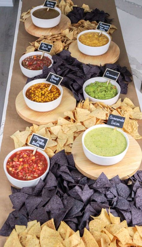 Set up a chips and salsa bar at home in less than 30 minutes! Chip And Salsa Bar Display, Chip And Dip Bar Wedding, Salsa And Chips Display, Chips And Salsa Wedding, Chips And Salsa Bar Wedding, Bar Set Up For Party At Home, Chips And Salsa Bar, Bar Display Ideas, Taco Bar Wedding