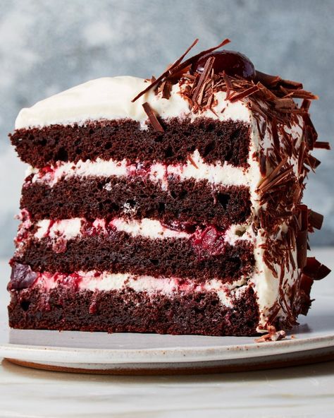 NYT Cooking on Instagram: “Congrats on making it through 2020. You deserve a giant slice of cake. @samanthaseneviratne's Black Forest Cake recipe is waiting for you…” Food Photography Cake, Black Forest Cake Recipe, Spices Photography, Chocolate Fan, Black Forest Cake, Forest Cake, Nyt Cooking, Cake Slice, Food Photography Styling