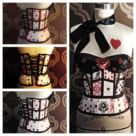 Queen Of Hearts Corset Diy, Playing Card Inspired Outfit, Card Corset Queen Of Hearts, Alice In Wonderland Costume Ideas Diy Queen Of Hearts, Steampunk Queen Of Hearts, Playing Card Corset, Queen Of Hearts Costume Aesthetic, Queen Of Cards Costume, Queen Of Hearts Aesthetic Outfits