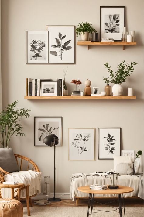 Bedroom Wall Decor Plants, Wall Design Inspiration, Floating Shelves Above Cabinet, Living Room Side Wall Decor Ideas, Nature Modern Living Room, Wall Grouping Ideas Living Room, Picture Frames On The Wall Ideas, Shelf Wall Living Room, Wall Design Pictures