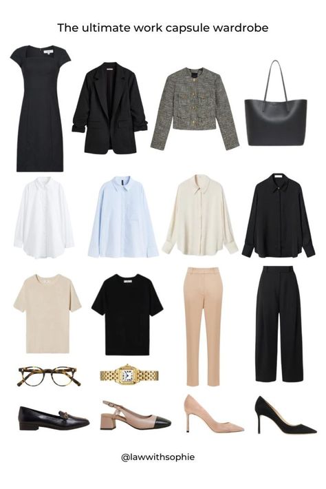 The ultimate work capsule wardrobe - Law With Sophie Office Capsule Wardrobe, Work Capsule Wardrobe, Tweed Boucle Jacket, Corporate Wardrobe, French Capsule Wardrobe, Ultimate Capsule Wardrobe, Workwear Capsule, Capsule Wardrobe Checklist, Work Capsule