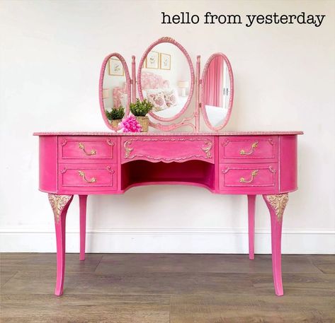 Hand Painted affordable luxury homeware and furniture. Created in 2020 and based in Broxbourne Hertfordshire, we hand paint products and sell or paint furniture to order for clients homes and businesses. Hot Pink Vanity, Pink Dressing Table, Ornate Bedroom, French Dressing Table, Retro Dressing Table, Refinished Vintage Furniture, Small Dressing Table, Pink Dresser, Brighter Bedroom