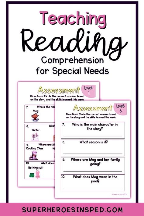 In all my years teaching in a self contained special education classroom, the reading curriculum offered was either a fluency program or A-Z reading levels. Both are great to help children learn HOW to read the words, but what about the comprehension skills that go along with reading fluently? There's a yearly reading comprehension bundle, monthly units, or grab a Characters & Settings freebie when you join my mailing list! Teacher resources for ELA for the special needs classroom. Functional Reading Special Education, Self Contained Special Education, Special Needs Classroom, Special Education Worksheets, Special Education Reading, Education Worksheets, High School Reading, Teaching Reading Comprehension, Special Education Math