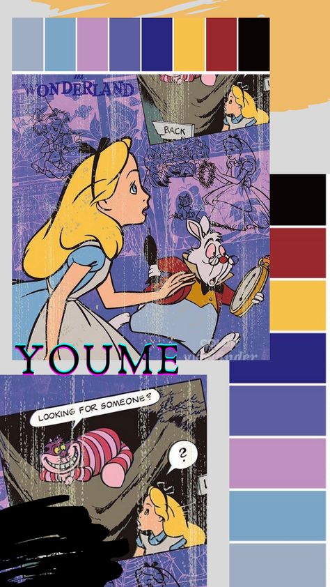 Cartoon Colour Palette, Alice In Wonderland Color Scheme, Cheshire Cat Color Palette, Mood Board Alice In Wonderland, Wonderland Color Palette, Alice In Wonderland Colour Palette, Disney Colour Palette, Alice In Wonderland Color Palette, Purple And Blue Colour Palette